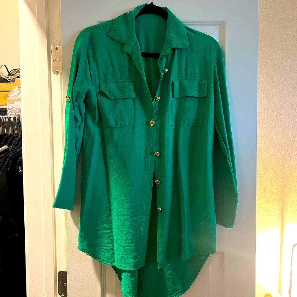 Green shirt with gold buttons